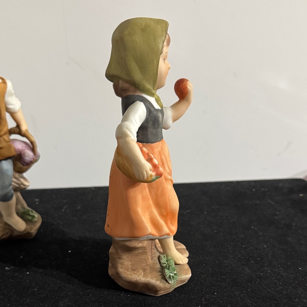 vintage hand-painted porcelain figurines of a boy and girl carrying baskets. - Picture 14 of 16